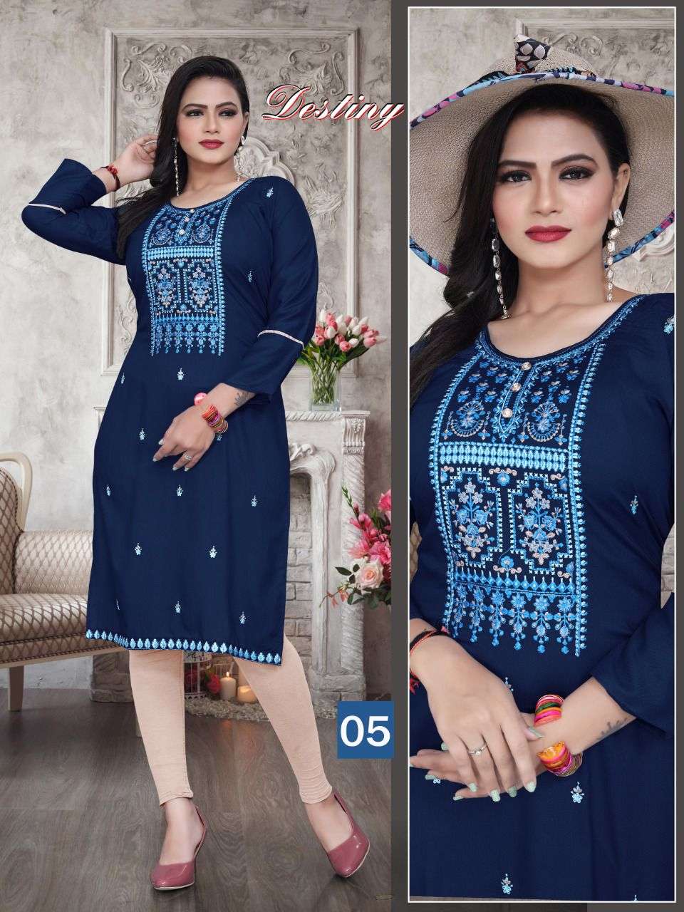 BEAUTY QUEEN DESTINY VOL.3 Rayon Heavy Embroidered Straight Sleeve Work Kurti CATALOG WHOLESALER BEST RATE