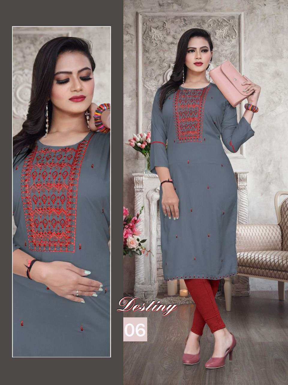 BEAUTY QUEEN DESTINY VOL.3 Rayon Heavy Embroidered Straight Sleeve Work Kurti CATALOG WHOLESALER BEST RATE