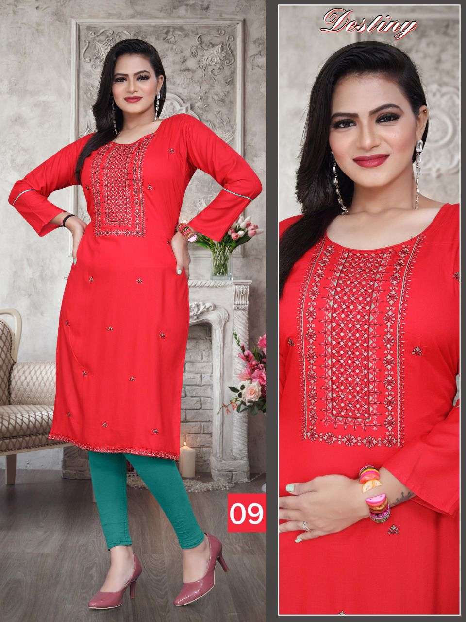 BEAUTY QUEEN DESTINY VOL.3 Rayon Heavy Embroidered Straight Sleeve Work Kurti CATALOG WHOLESALER BEST RATE