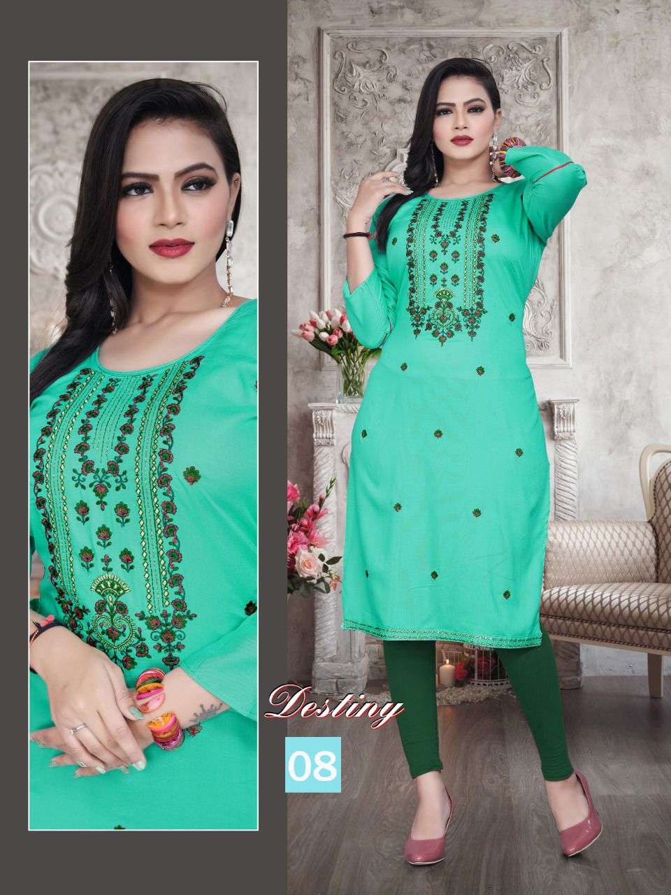 BEAUTY QUEEN DESTINY VOL.3 Rayon Heavy Embroidered Straight Sleeve Work Kurti CATALOG WHOLESALER BEST RATE