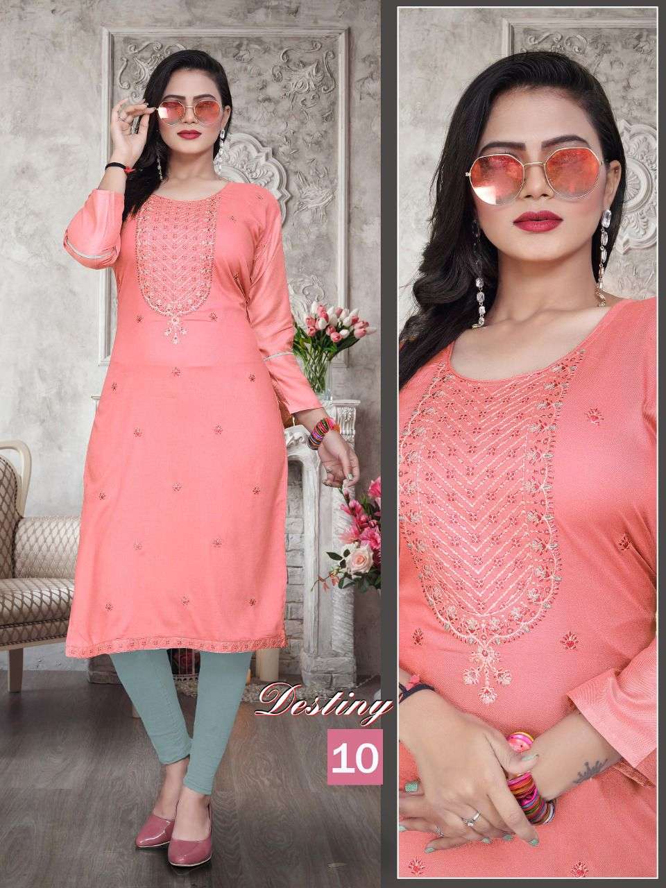 BEAUTY QUEEN DESTINY VOL.3 Rayon Heavy Embroidered Straight Sleeve Work Kurti CATALOG WHOLESALER BEST RATE