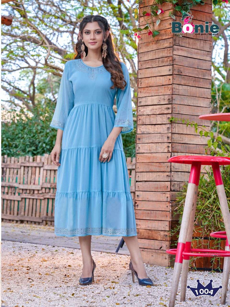 FABULOUS BY BONIE HEAVY GEORGETTE (With Lining Inside) FULL FLARE KURTI WITH WORK KURTI CATALOG WHOLESALER BEST RATE