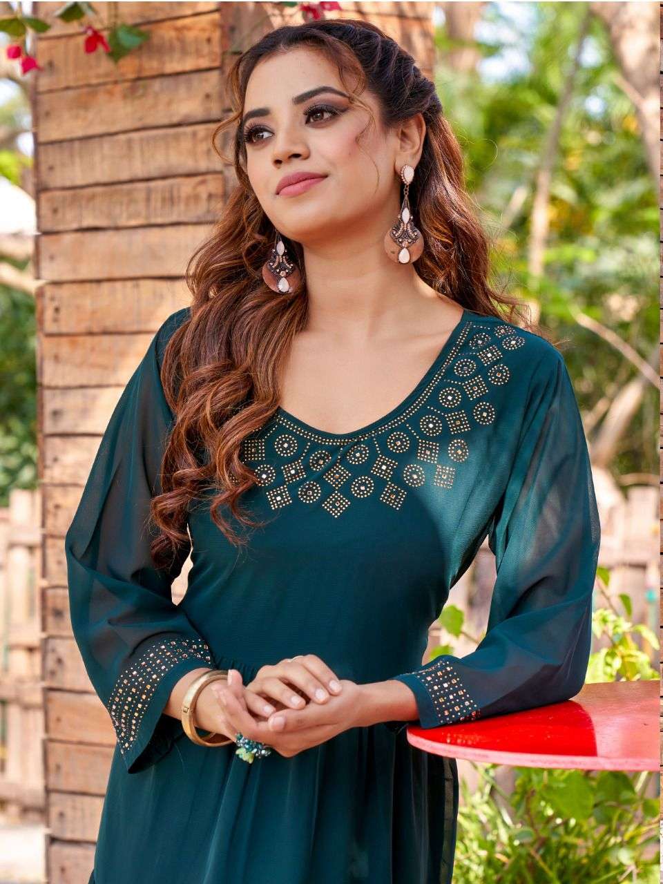 FABULOUS BY BONIE HEAVY GEORGETTE (With Lining Inside) FULL FLARE KURTI WITH WORK KURTI CATALOG WHOLESALER BEST RATE