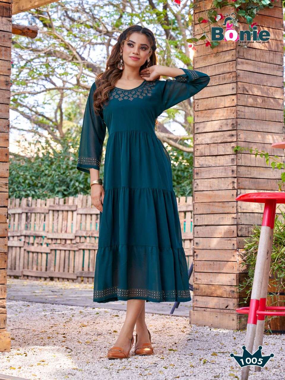FABULOUS BY BONIE HEAVY GEORGETTE (With Lining Inside) FULL FLARE KURTI WITH WORK KURTI CATALOG WHOLESALER BEST RATE