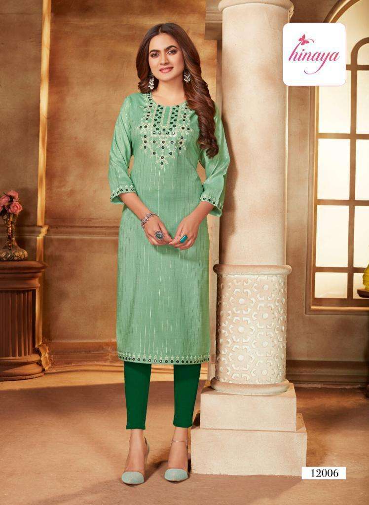 KAREENA VOL-4 BY HINAYA HEAVY RAYON LUREX DESIGNER KURTIS WITH EMBROIDERY, HANDWORK AND SEQUENCE WORK KURTI CATALOG WHOLESALER BEST RATE