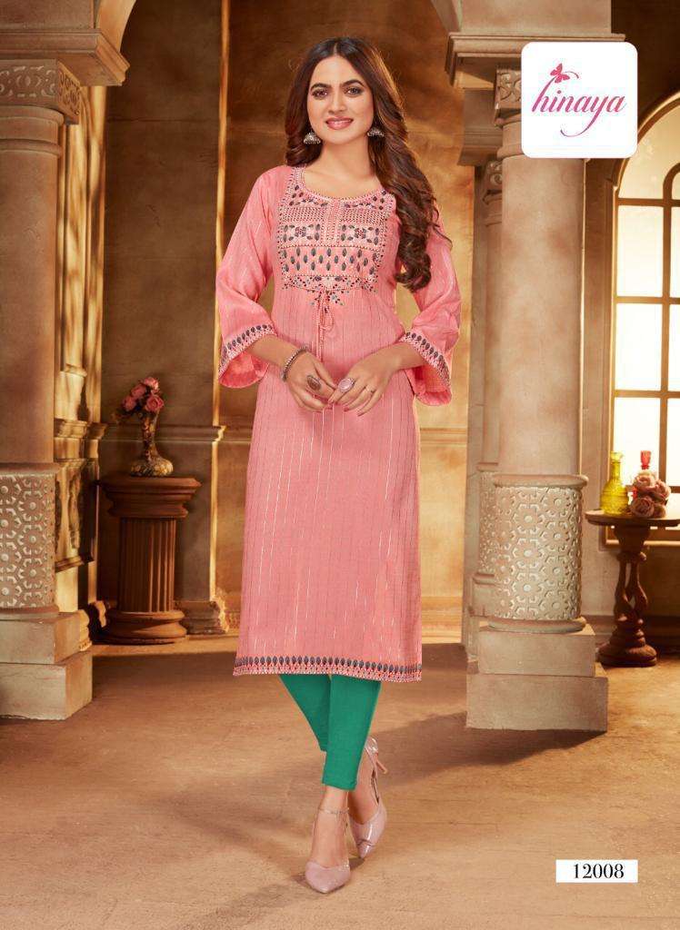 KAREENA VOL-4 BY HINAYA HEAVY RAYON LUREX DESIGNER KURTIS WITH EMBROIDERY, HANDWORK AND SEQUENCE WORK KURTI CATALOG WHOLESALER BEST RATE