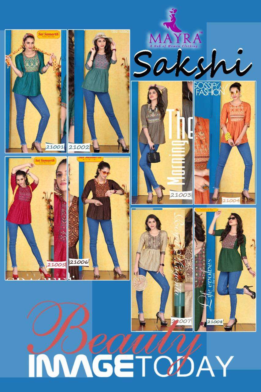 SAKSHI BT MAYRA HEAVY RAYON liquid slub with embroidery short top CATALOG WHOLESALER BEST RATE