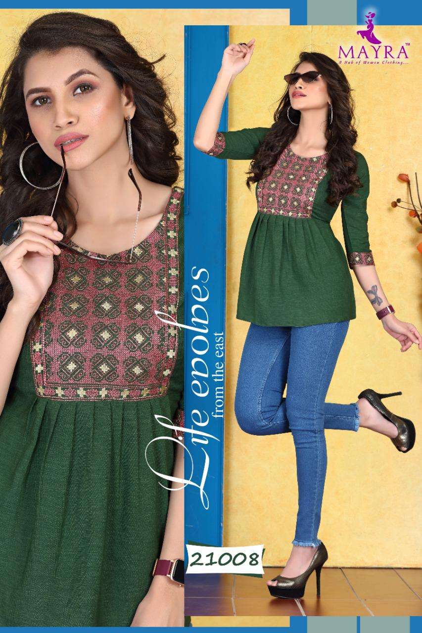 SAKSHI BT MAYRA HEAVY RAYON liquid slub with embroidery short top CATALOG WHOLESALER BEST RATE