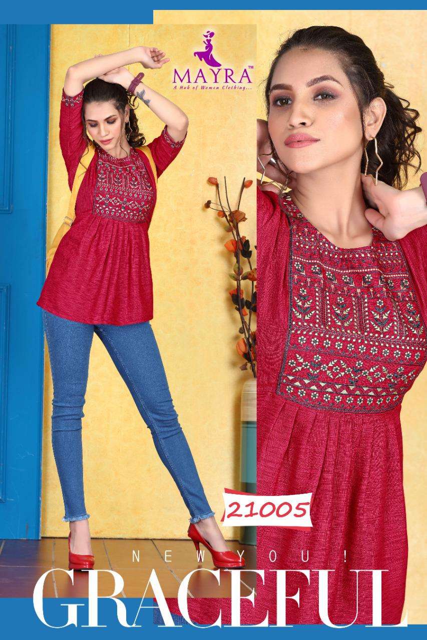 SAKSHI BT MAYRA HEAVY RAYON liquid slub with embroidery short top CATALOG WHOLESALER BEST RATE