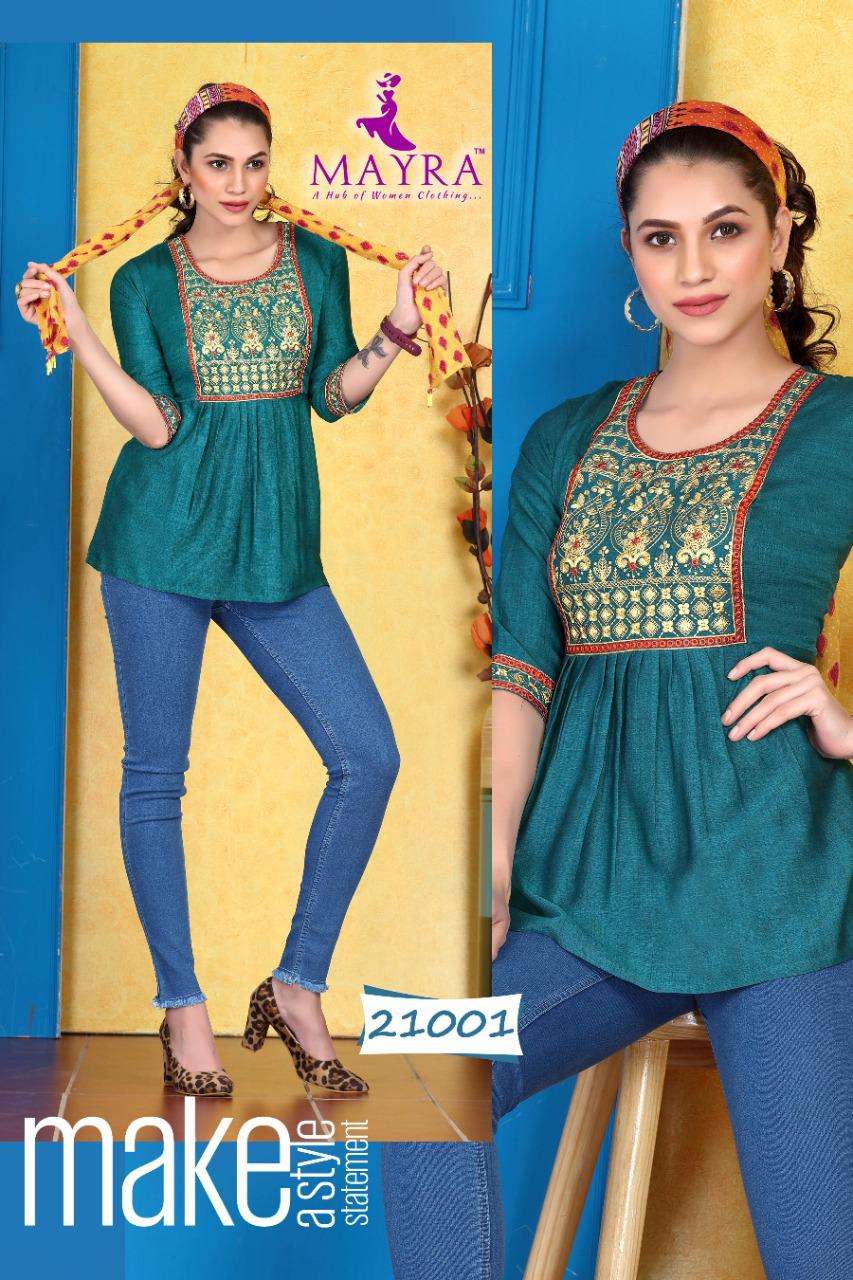 SAKSHI BT MAYRA HEAVY RAYON liquid slub with embroidery short top CATALOG WHOLESALER BEST RATE