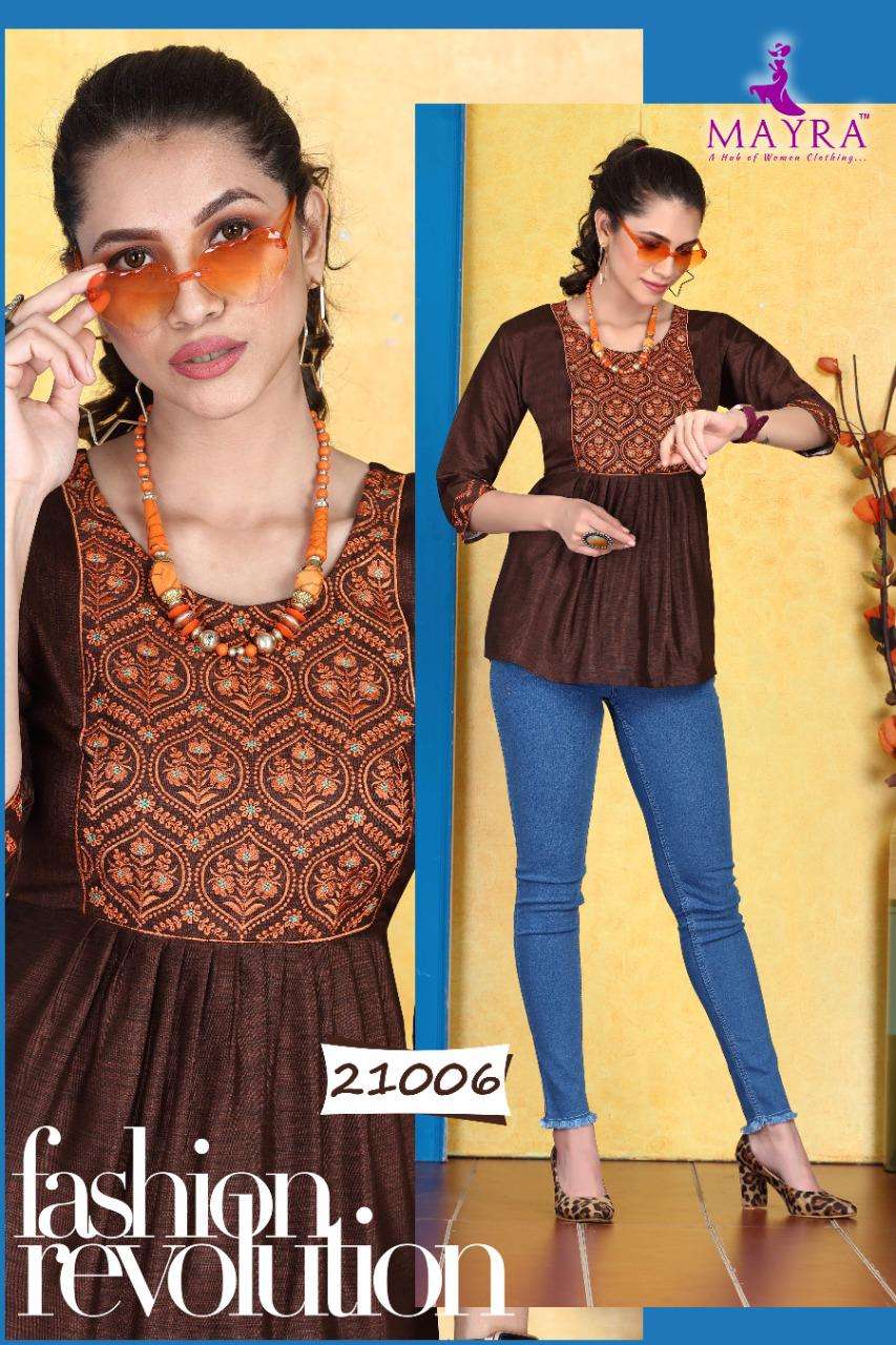 SAKSHI BT MAYRA HEAVY RAYON liquid slub with embroidery short top CATALOG WHOLESALER BEST RATE