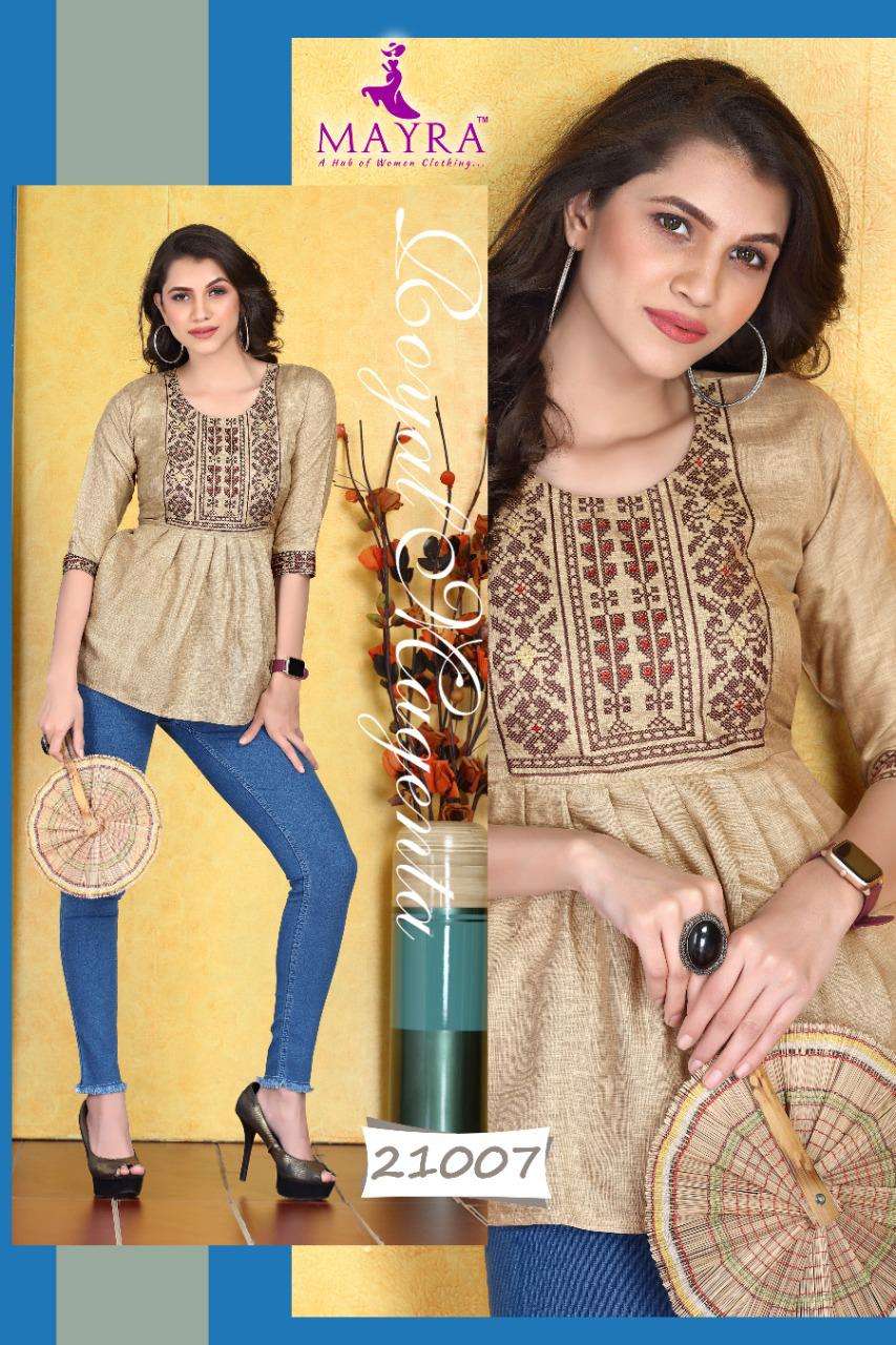 SAKSHI BT MAYRA HEAVY RAYON liquid slub with embroidery short top CATALOG WHOLESALER BEST RATE