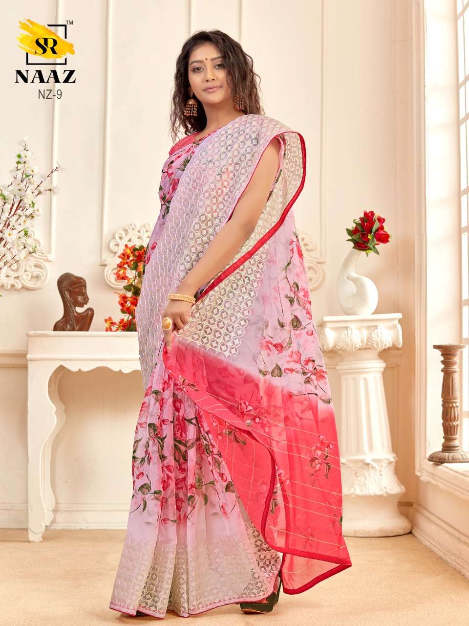 sr brand naaz organza digital with embroidery work good quality saree authorized supplier in surat 