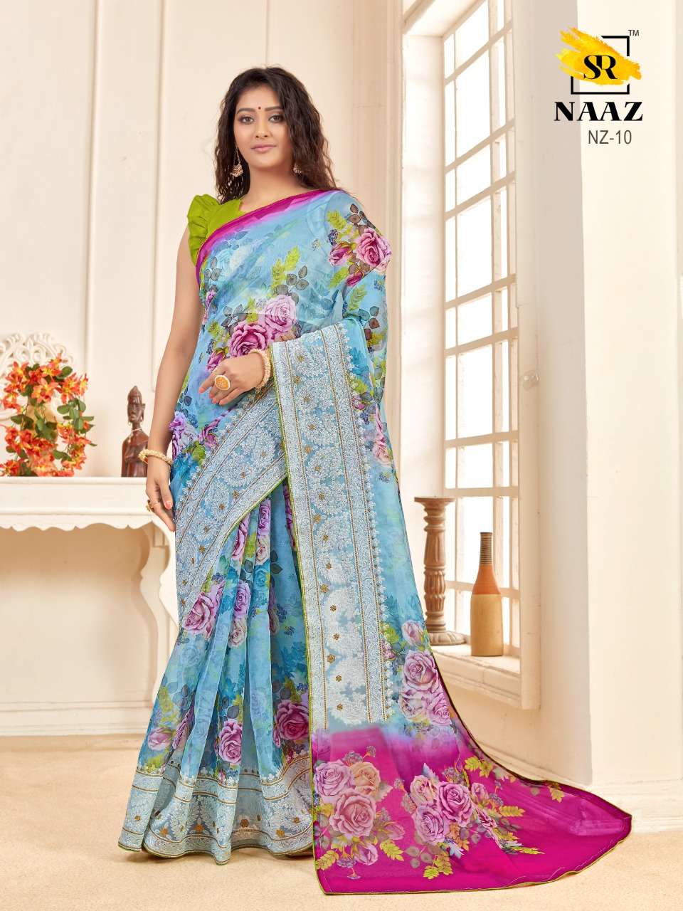 sr brand naaz organza digital with embroidery work good quality saree authorized supplier in surat 