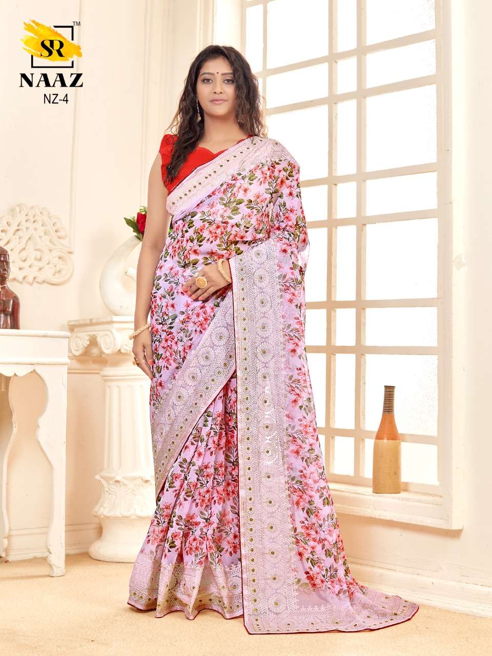 sr brand naaz organza digital with embroidery work good quality saree authorized supplier in surat 