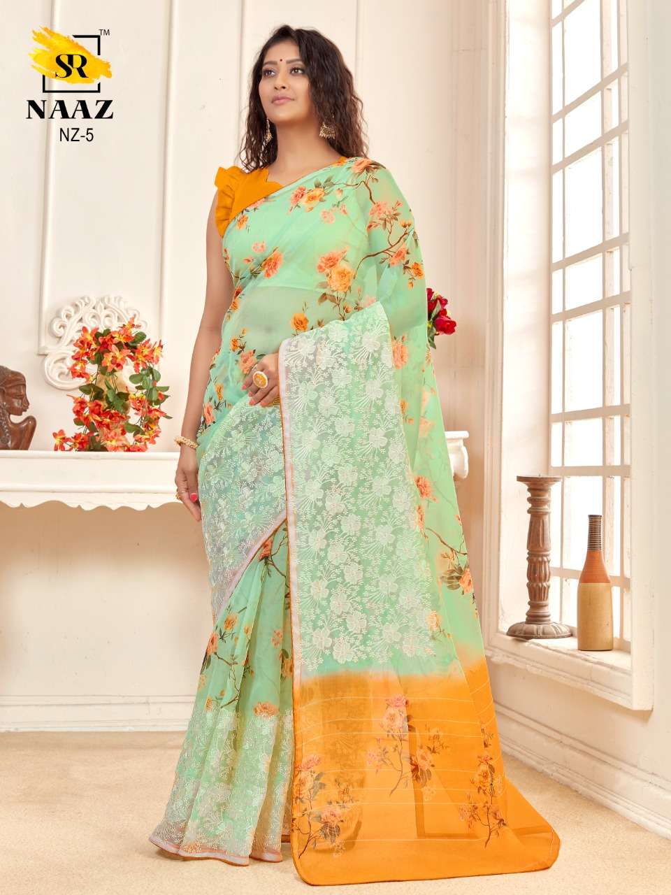 sr brand naaz organza digital with embroidery work good quality saree authorized supplier in surat 