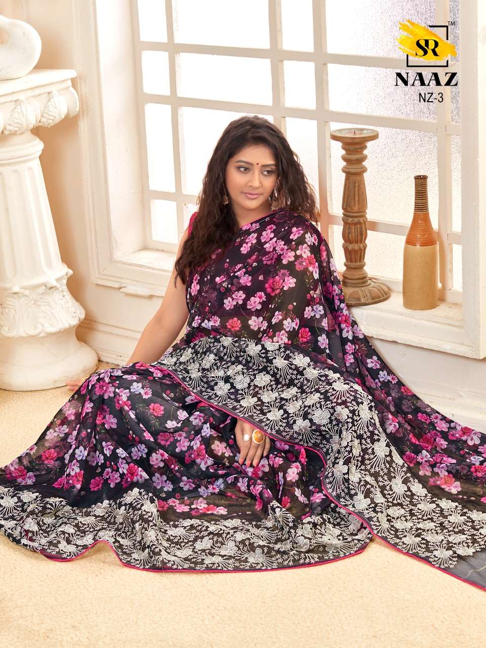sr brand naaz organza digital with embroidery work good quality saree authorized supplier in surat 
