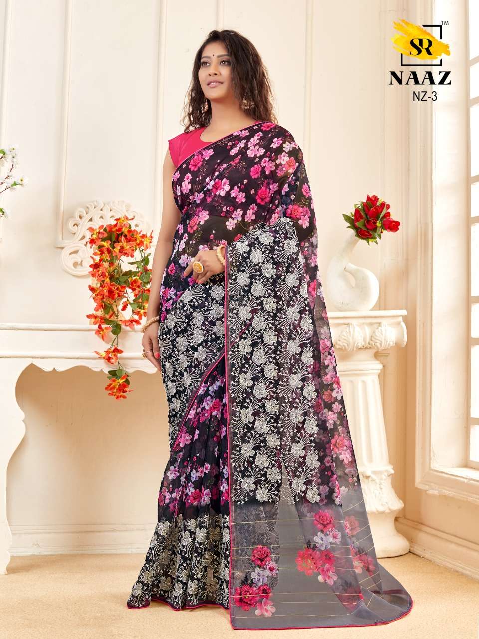 sr brand naaz organza digital with embroidery work good quality saree authorized supplier in surat 
