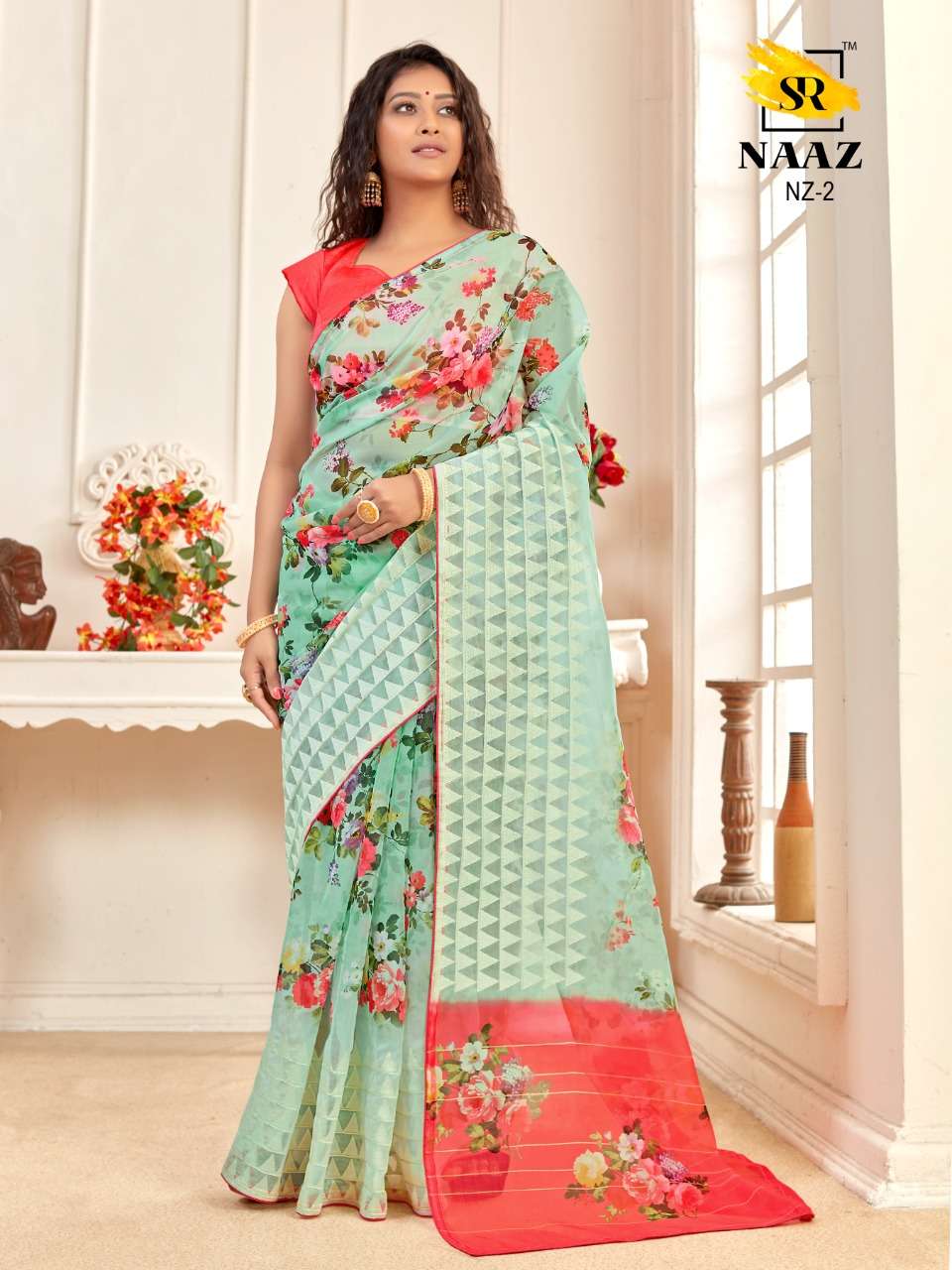 sr brand naaz organza digital with embroidery work good quality saree authorized supplier in surat 
