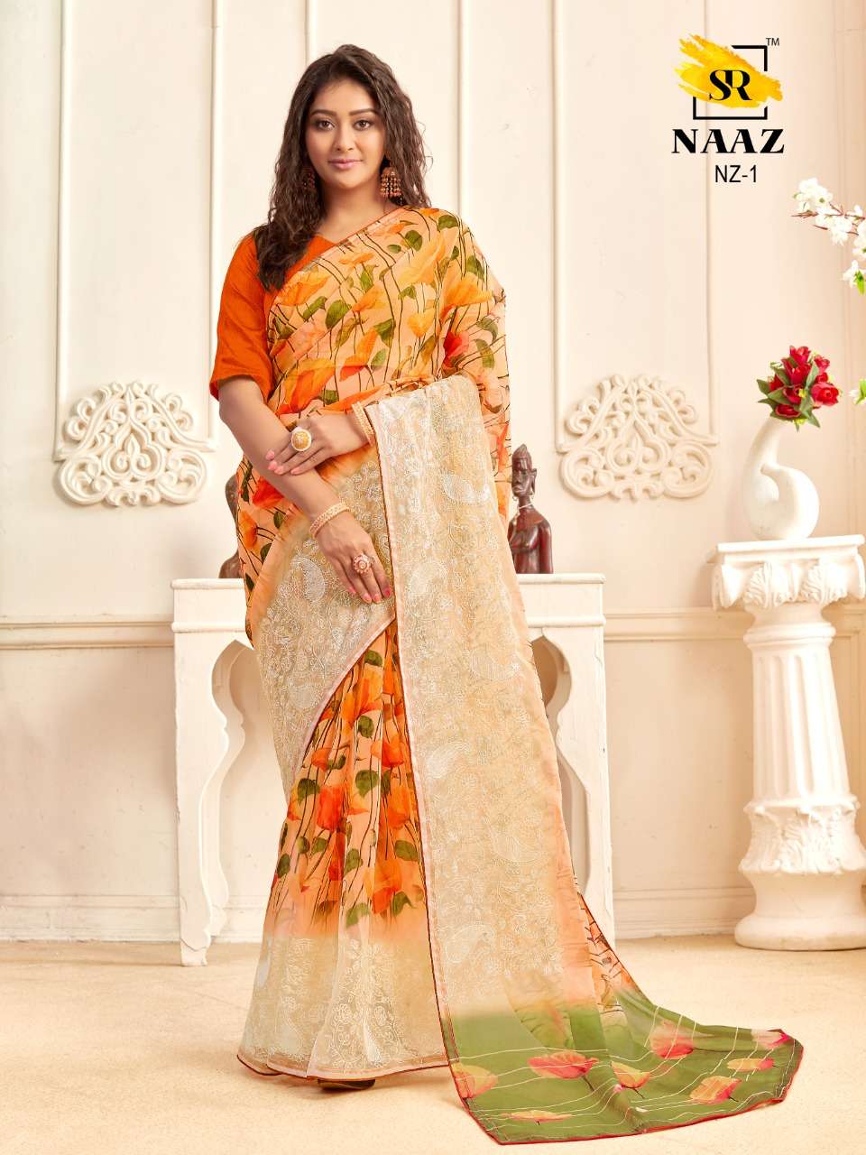 sr brand naaz organza digital with embroidery work good quality saree authorized supplier in surat 