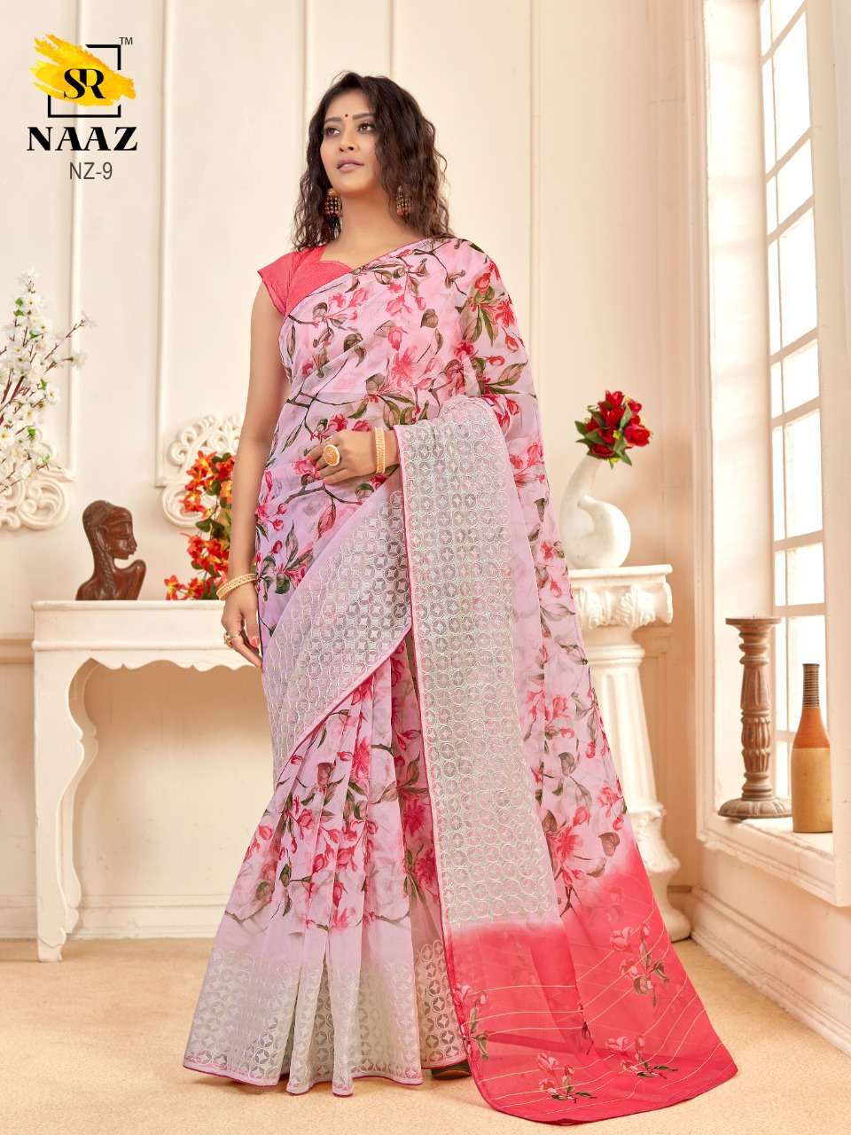 sr brand naaz organza digital with embroidery work good quality saree authorized supplier in surat 