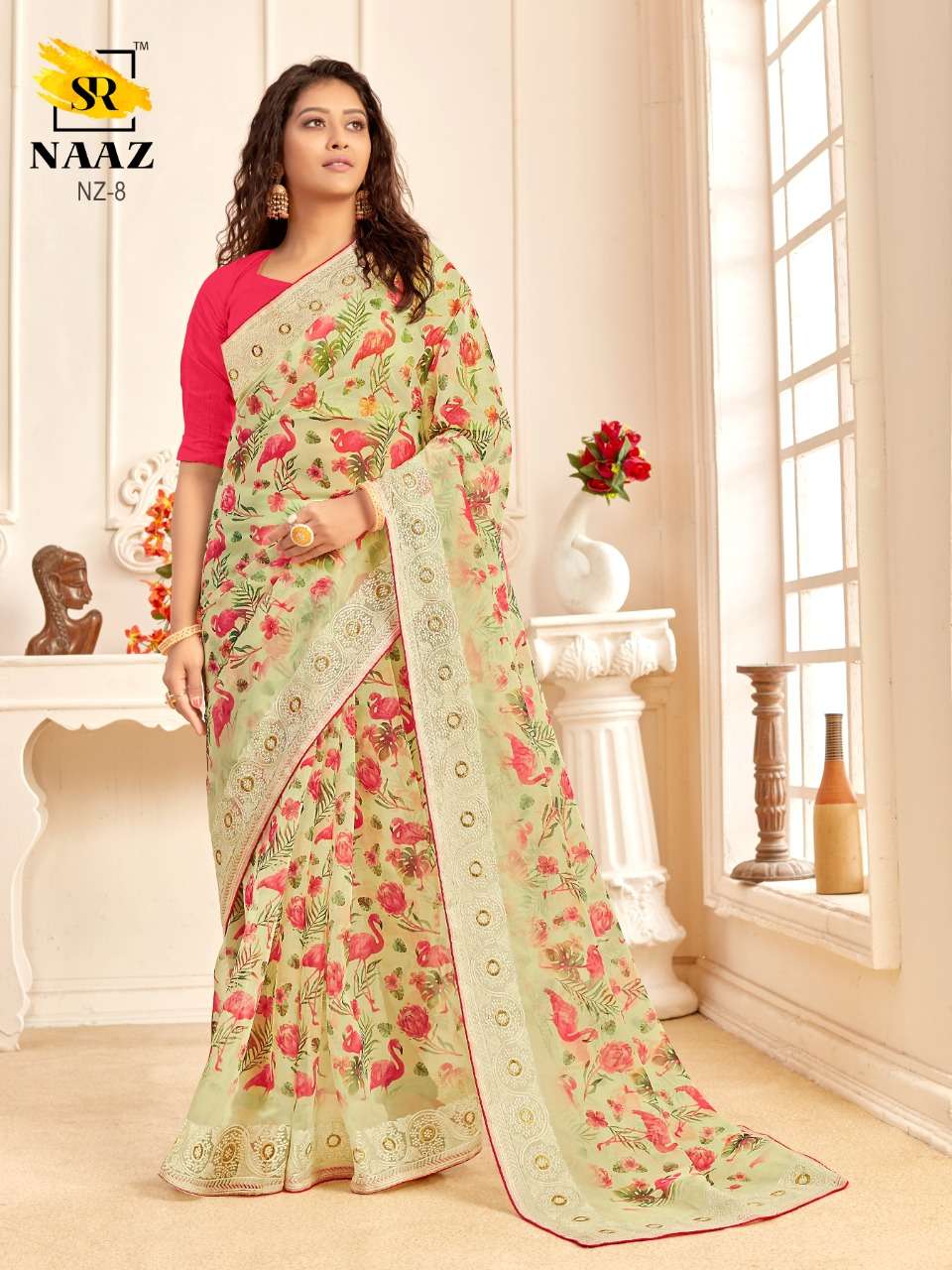 sr brand naaz organza digital with embroidery work good quality saree authorized supplier in surat 