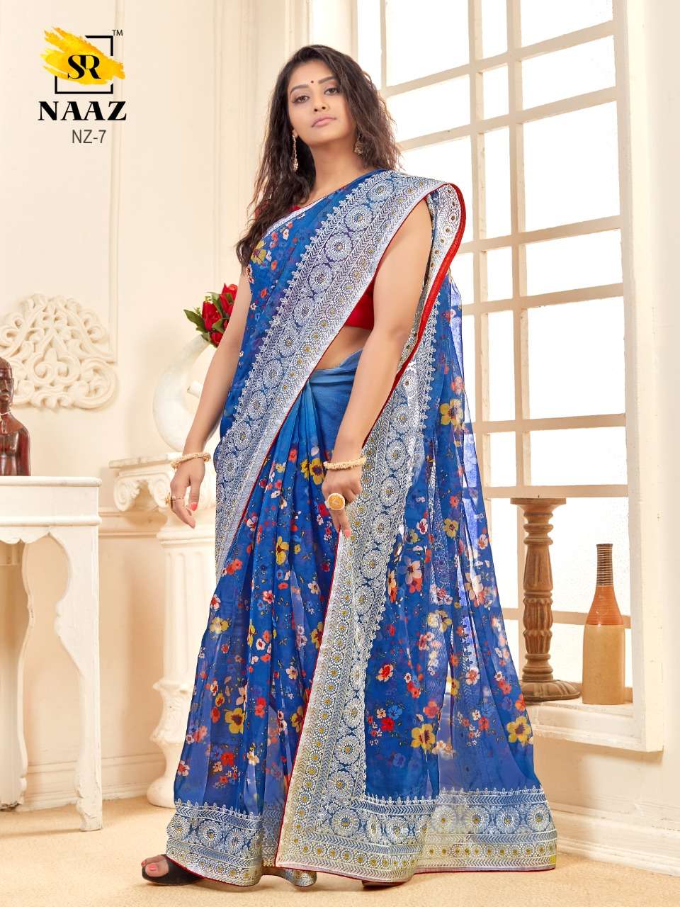 sr brand naaz organza digital with embroidery work good quality saree authorized supplier in surat 
