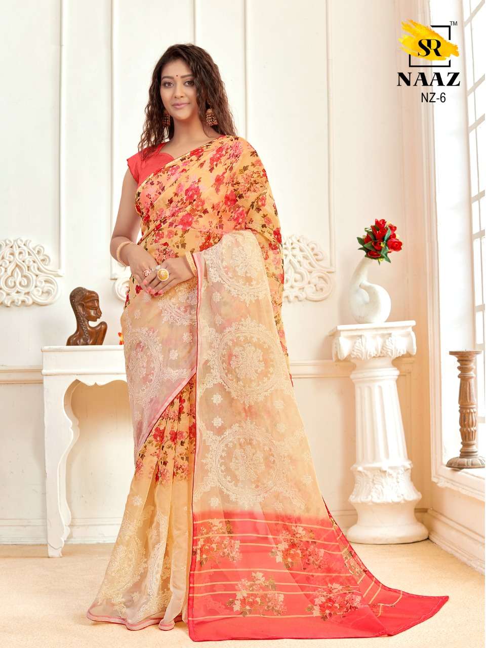 sr brand naaz organza digital with embroidery work good quality saree authorized supplier in surat 