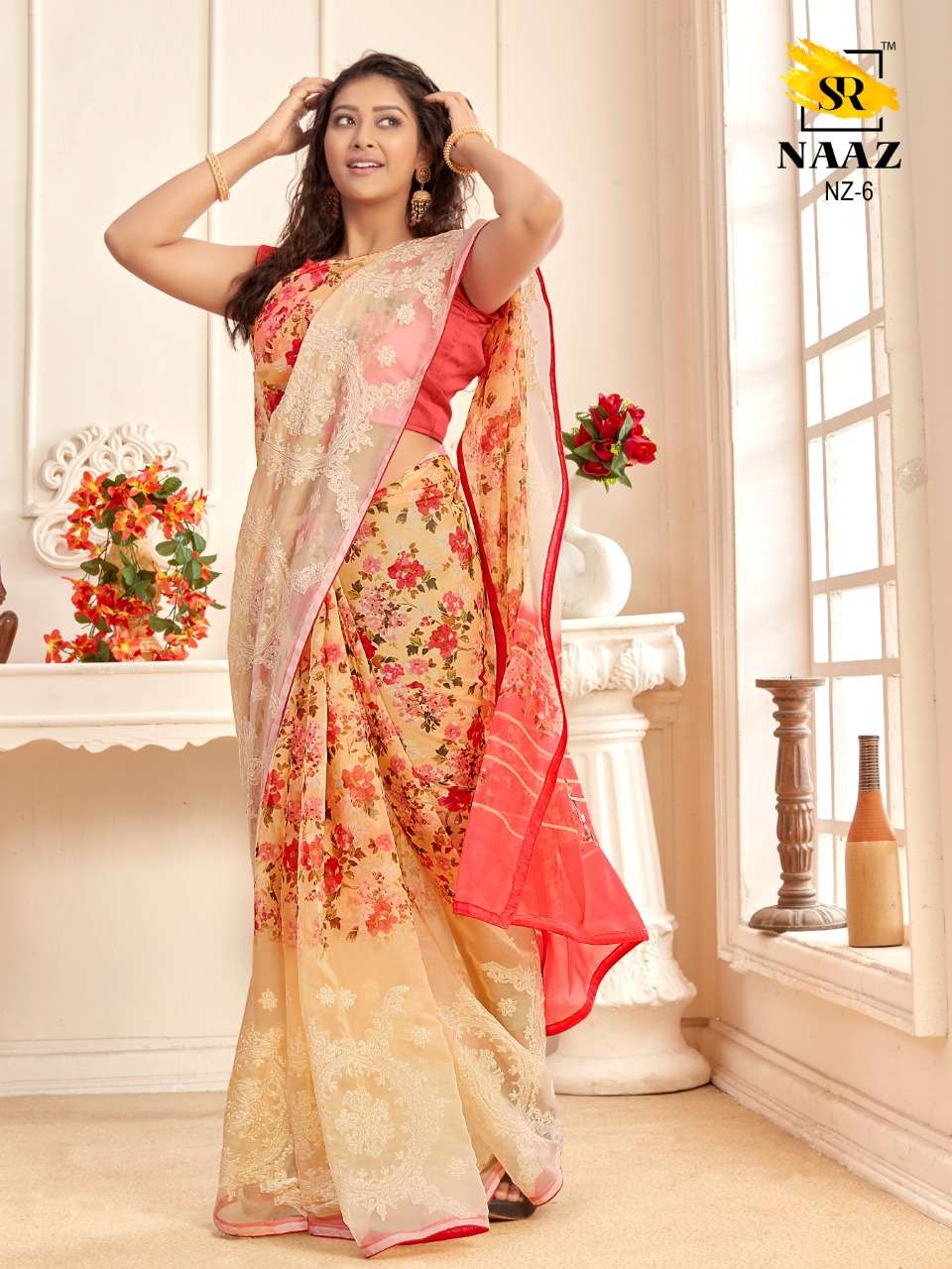 sr brand naaz organza digital with embroidery work good quality saree authorized supplier in surat 