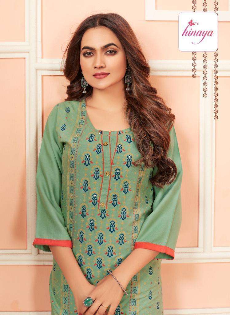 TIARA VOL - 6 BY HINAYA HEAVY RAYON SLUB PRINTED DESIGNER RAYON KURTIS WITH HANDWORK KURTI CATALOG WHOLESALER BEST RATE