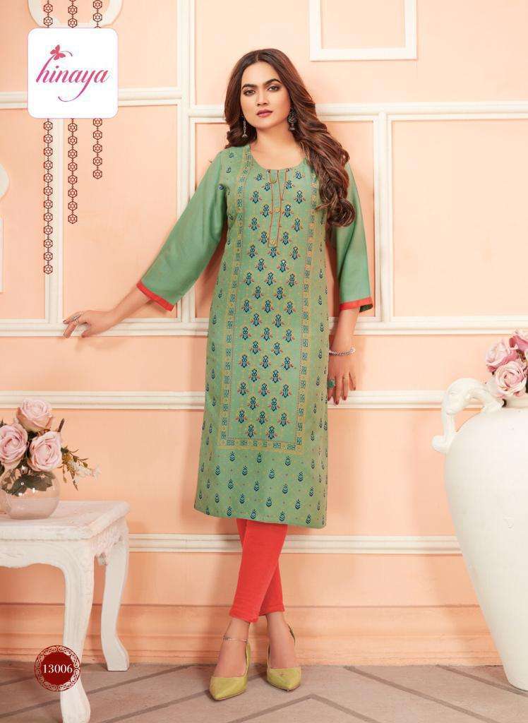TIARA VOL - 6 BY HINAYA HEAVY RAYON SLUB PRINTED DESIGNER RAYON KURTIS WITH HANDWORK KURTI CATALOG WHOLESALER BEST RATE