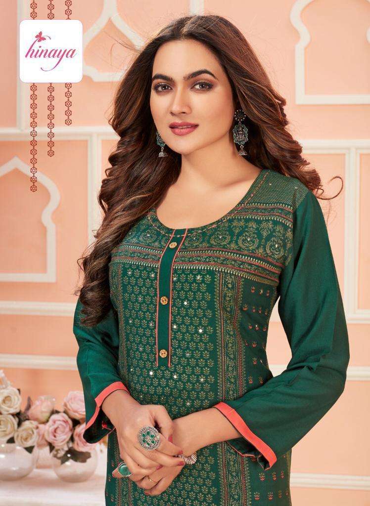 TIARA VOL - 6 BY HINAYA HEAVY RAYON SLUB PRINTED DESIGNER RAYON KURTIS WITH HANDWORK KURTI CATALOG WHOLESALER BEST RATE