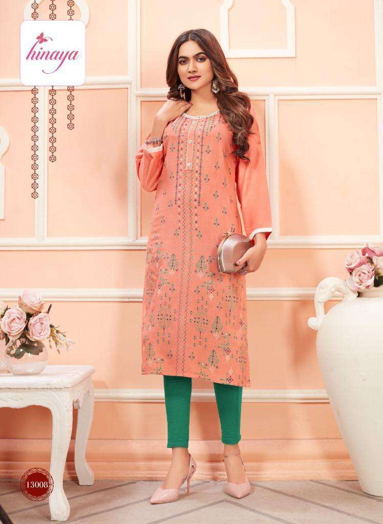 TIARA VOL - 6 BY HINAYA HEAVY RAYON SLUB PRINTED DESIGNER RAYON KURTIS WITH HANDWORK KURTI CATALOG WHOLESALER BEST RATE