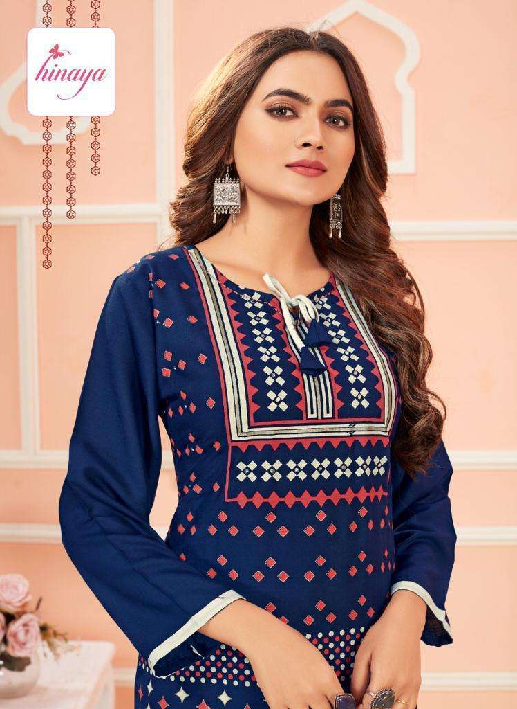 TIARA VOL - 6 BY HINAYA HEAVY RAYON SLUB PRINTED DESIGNER RAYON KURTIS WITH HANDWORK KURTI CATALOG WHOLESALER BEST RATE