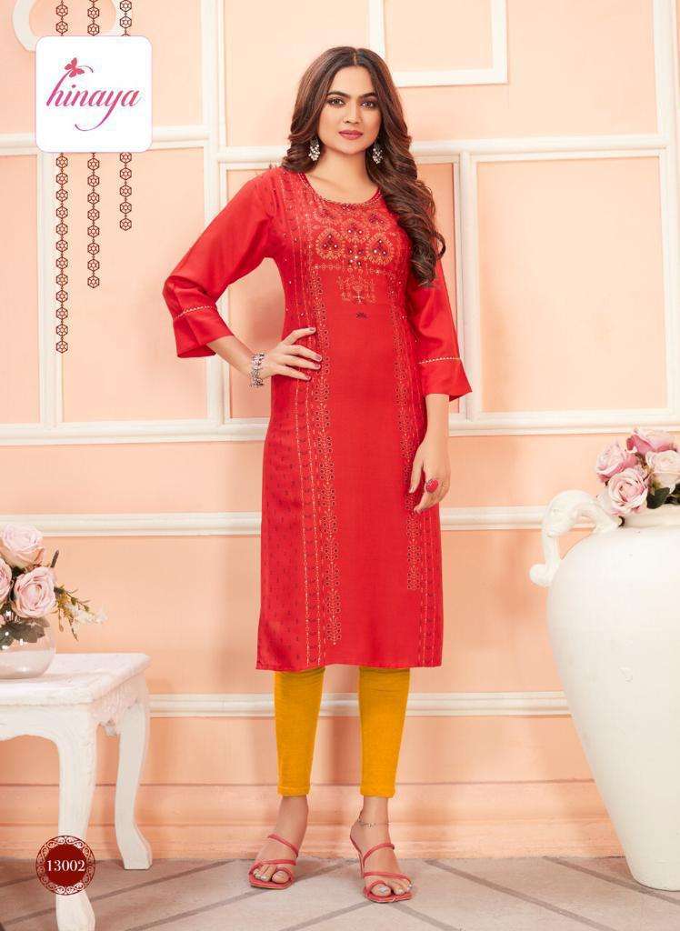 TIARA VOL - 6 BY HINAYA HEAVY RAYON SLUB PRINTED DESIGNER RAYON KURTIS WITH HANDWORK KURTI CATALOG WHOLESALER BEST RATE
