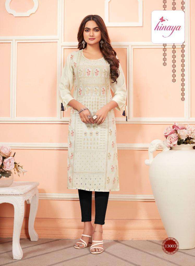 TIARA VOL - 6 BY HINAYA HEAVY RAYON SLUB PRINTED DESIGNER RAYON KURTIS WITH HANDWORK KURTI CATALOG WHOLESALER BEST RATE