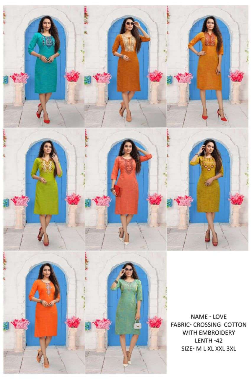 LOVE HEAVY CROSSING COTTON EMBROIDERY WORK KURTI CATALOG WHOLESALER BEST RATE