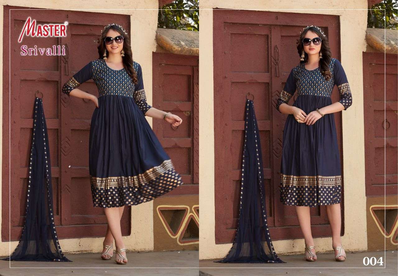 SRIVALLI BY MASTER HEAVY RAYON WORK FOIL PRINT AND DUPATTA KURTI CATALOG WHOLESALER BEST RATE