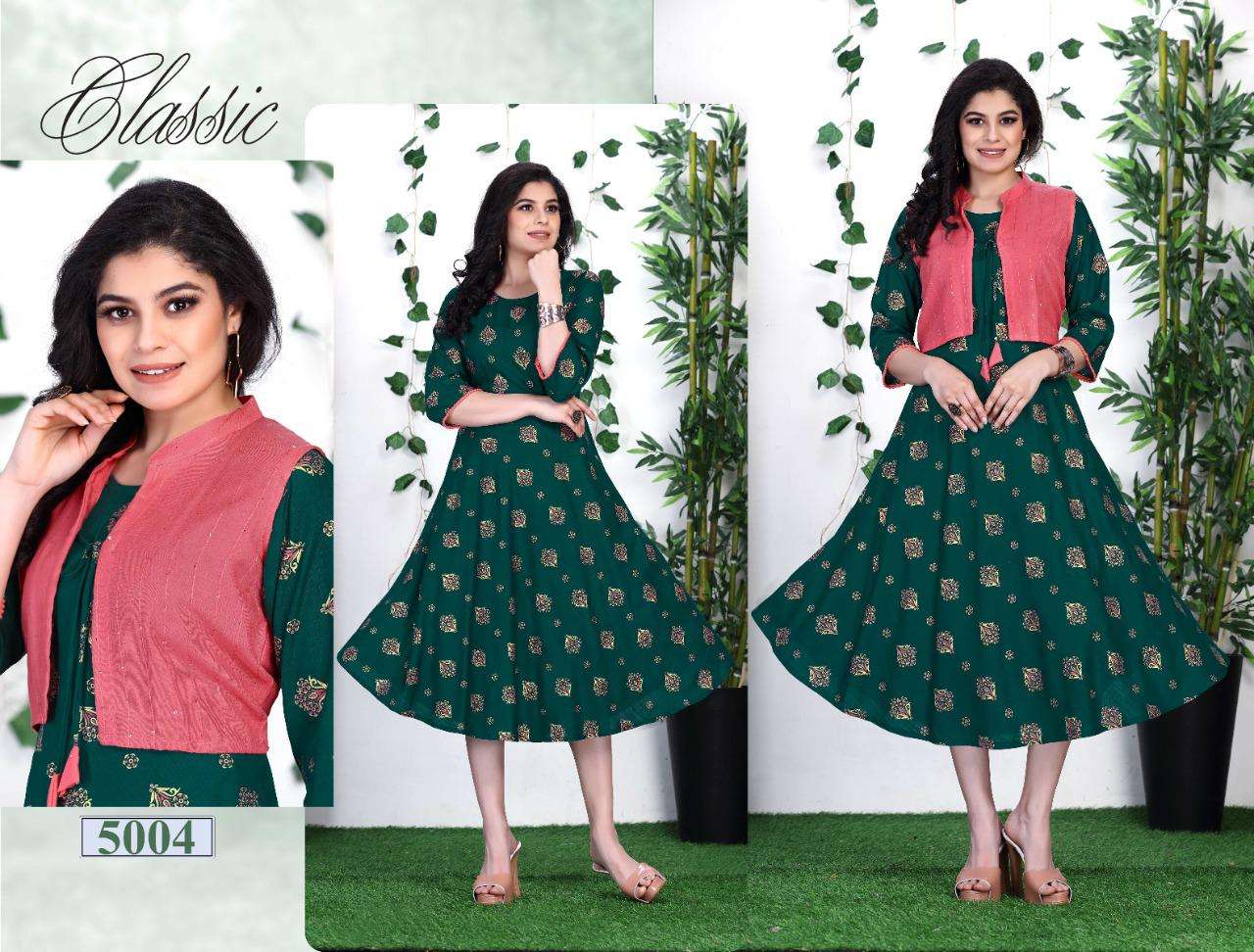 BEAUTY QUEEN SAISHA HEAVY RAYON 14 KG All over foil printed kurta and sequence  work done on jacket KURTI CATALOG WHOLESALER BEST RATE