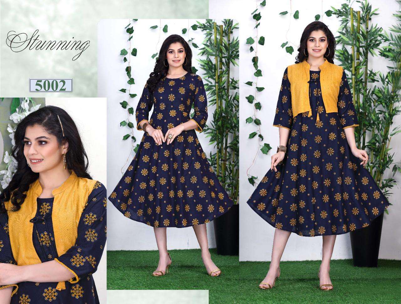BEAUTY QUEEN SAISHA HEAVY RAYON 14 KG All over foil printed kurta and sequence  work done on jacket KURTI CATALOG WHOLESALER BEST RATE