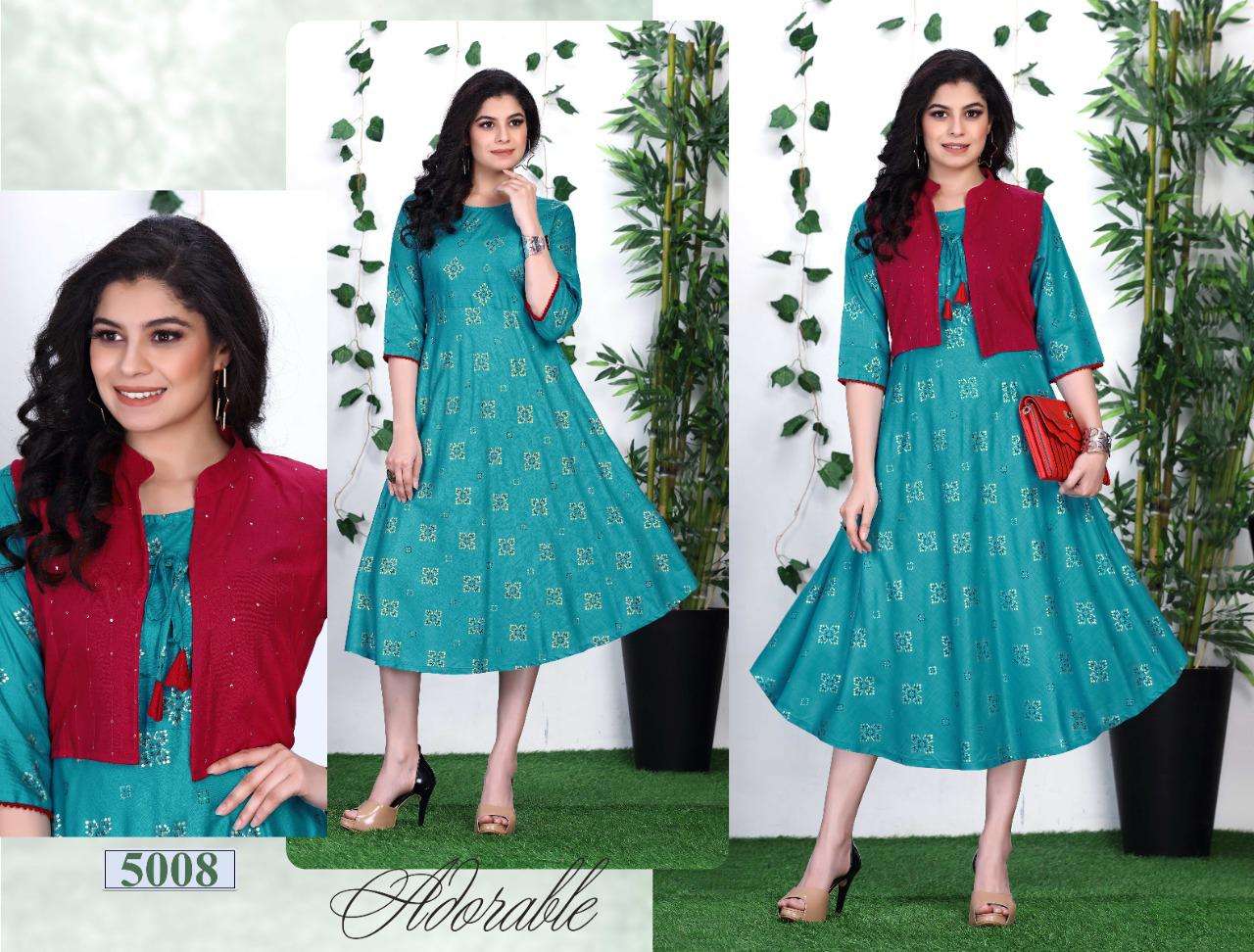 BEAUTY QUEEN SAISHA HEAVY RAYON 14 KG All over foil printed kurta and sequence  work done on jacket KURTI CATALOG WHOLESALER BEST RATE