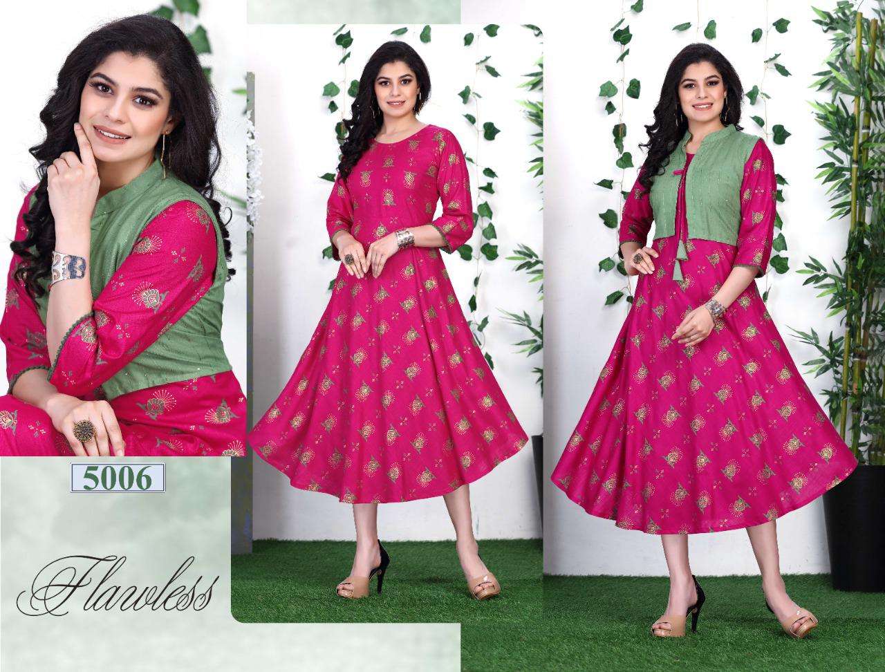 BEAUTY QUEEN SAISHA HEAVY RAYON 14 KG All over foil printed kurta and sequence  work done on jacket KURTI CATALOG WHOLESALER BEST RATE
