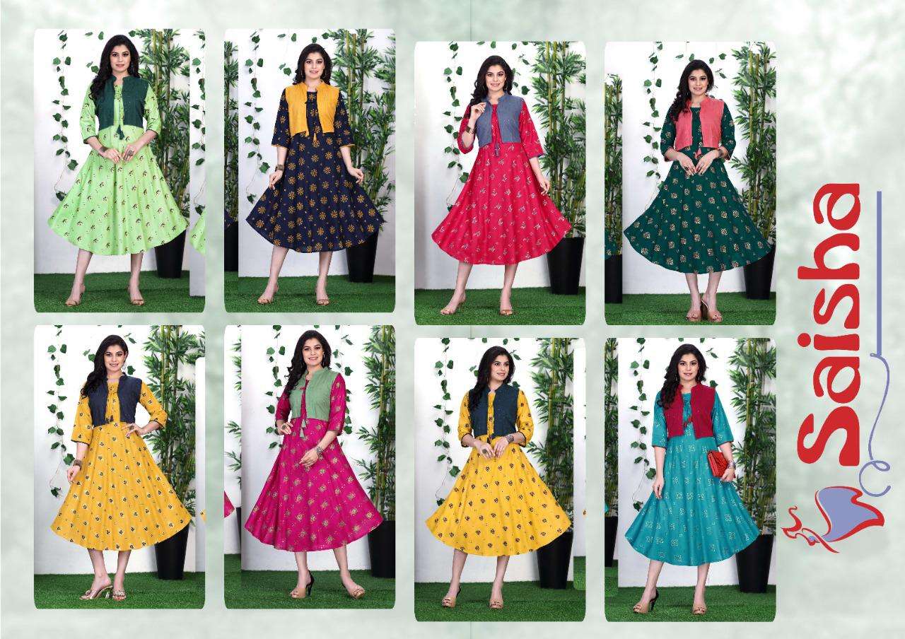 BEAUTY QUEEN SAISHA HEAVY RAYON 14 KG All over foil printed kurta and sequence  work done on jacket KURTI CATALOG WHOLESALER BEST RATE