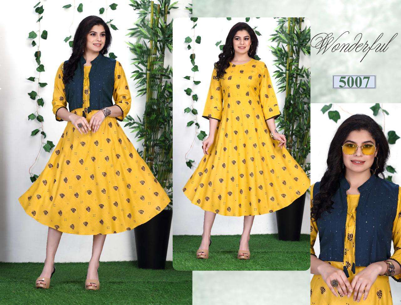 BEAUTY QUEEN SAISHA HEAVY RAYON 14 KG All over foil printed kurta and sequence  work done on jacket KURTI CATALOG WHOLESALER BEST RATE