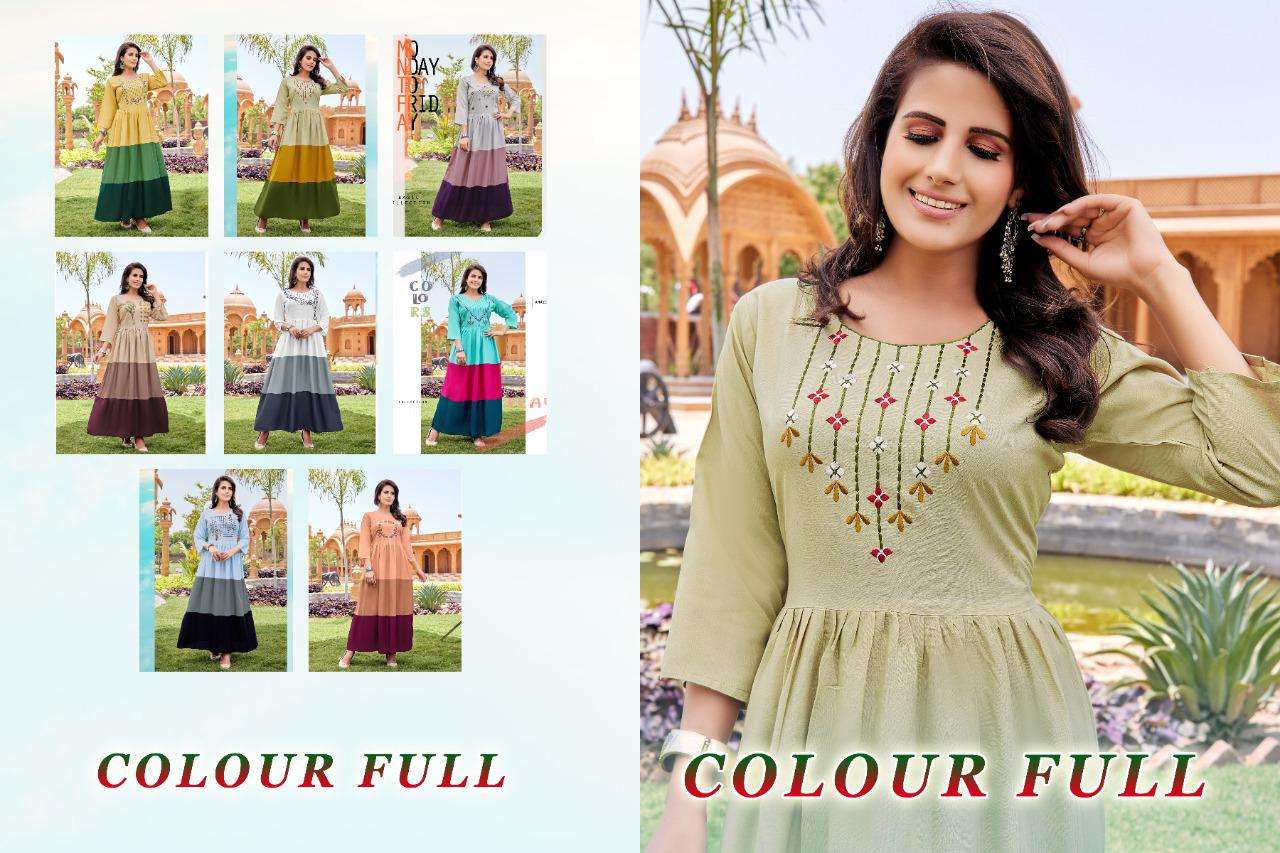 COLOUR FULL HEAVY RAYON 14 KG Fancy LONG KURTI WITH EMBROIDERY 🪡 WORK  WITH THREE LAYERS KURTI CATALOG WHOLESALER BEST RATE