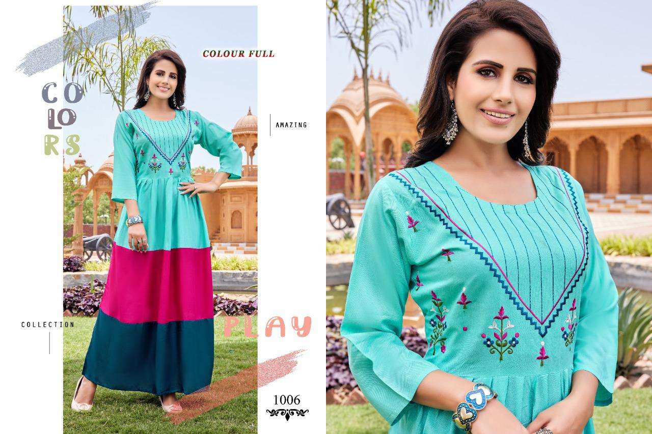 COLOUR FULL HEAVY RAYON 14 KG Fancy LONG KURTI WITH EMBROIDERY 🪡 WORK  WITH THREE LAYERS KURTI CATALOG WHOLESALER BEST RATE