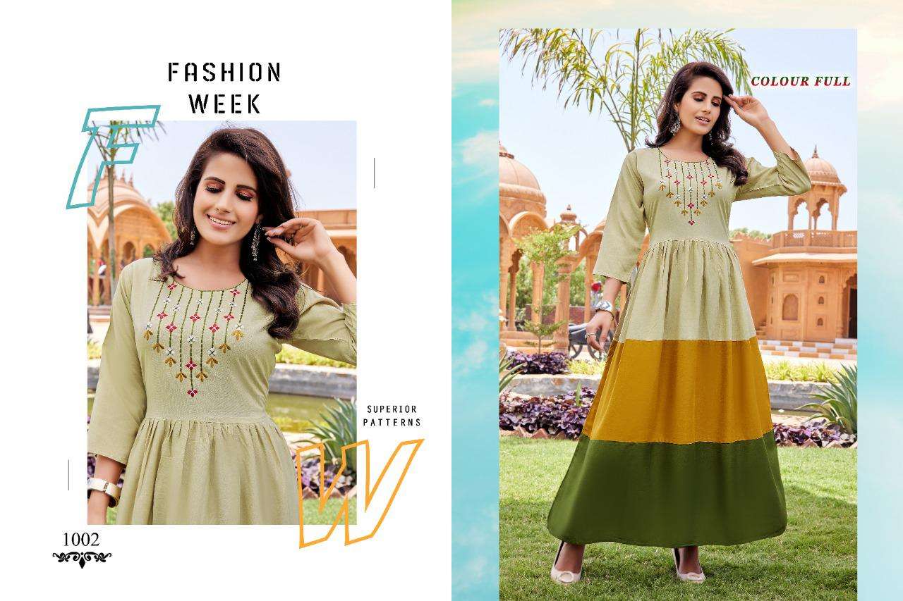 COLOUR FULL HEAVY RAYON 14 KG Fancy LONG KURTI WITH EMBROIDERY 🪡 WORK  WITH THREE LAYERS KURTI CATALOG WHOLESALER BEST RATE