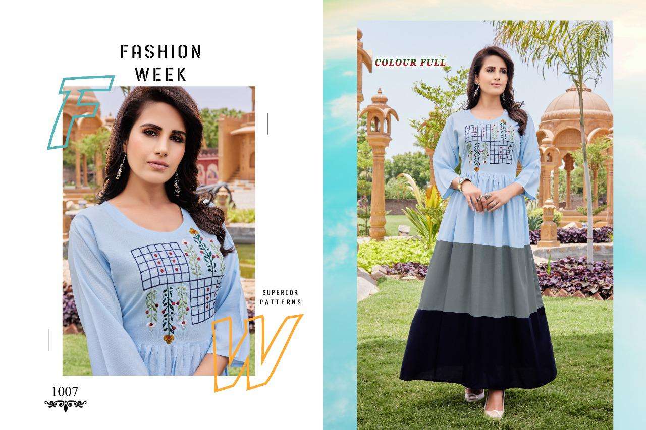 COLOUR FULL HEAVY RAYON 14 KG Fancy LONG KURTI WITH EMBROIDERY 🪡 WORK  WITH THREE LAYERS KURTI CATALOG WHOLESALER BEST RATE