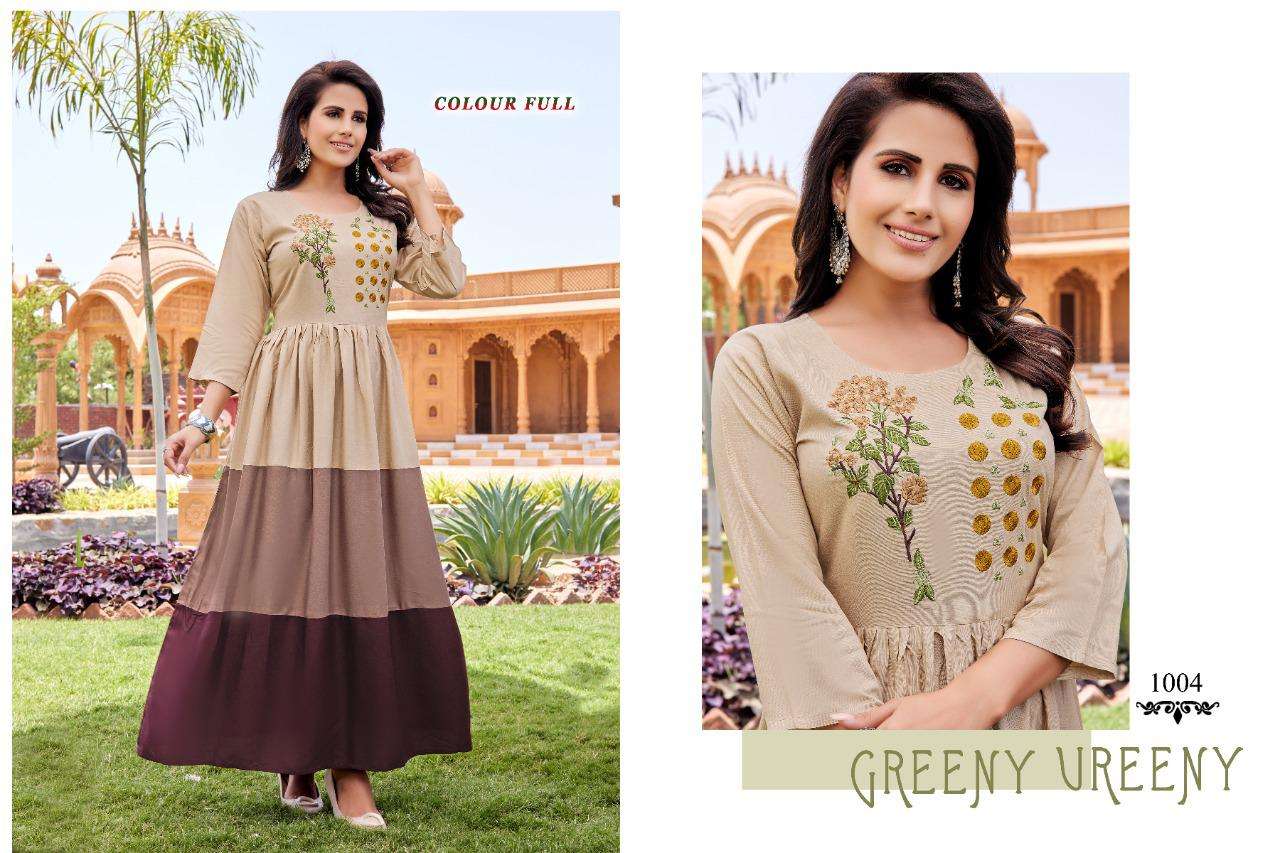 COLOUR FULL HEAVY RAYON 14 KG Fancy LONG KURTI WITH EMBROIDERY 🪡 WORK  WITH THREE LAYERS KURTI CATALOG WHOLESALER BEST RATE