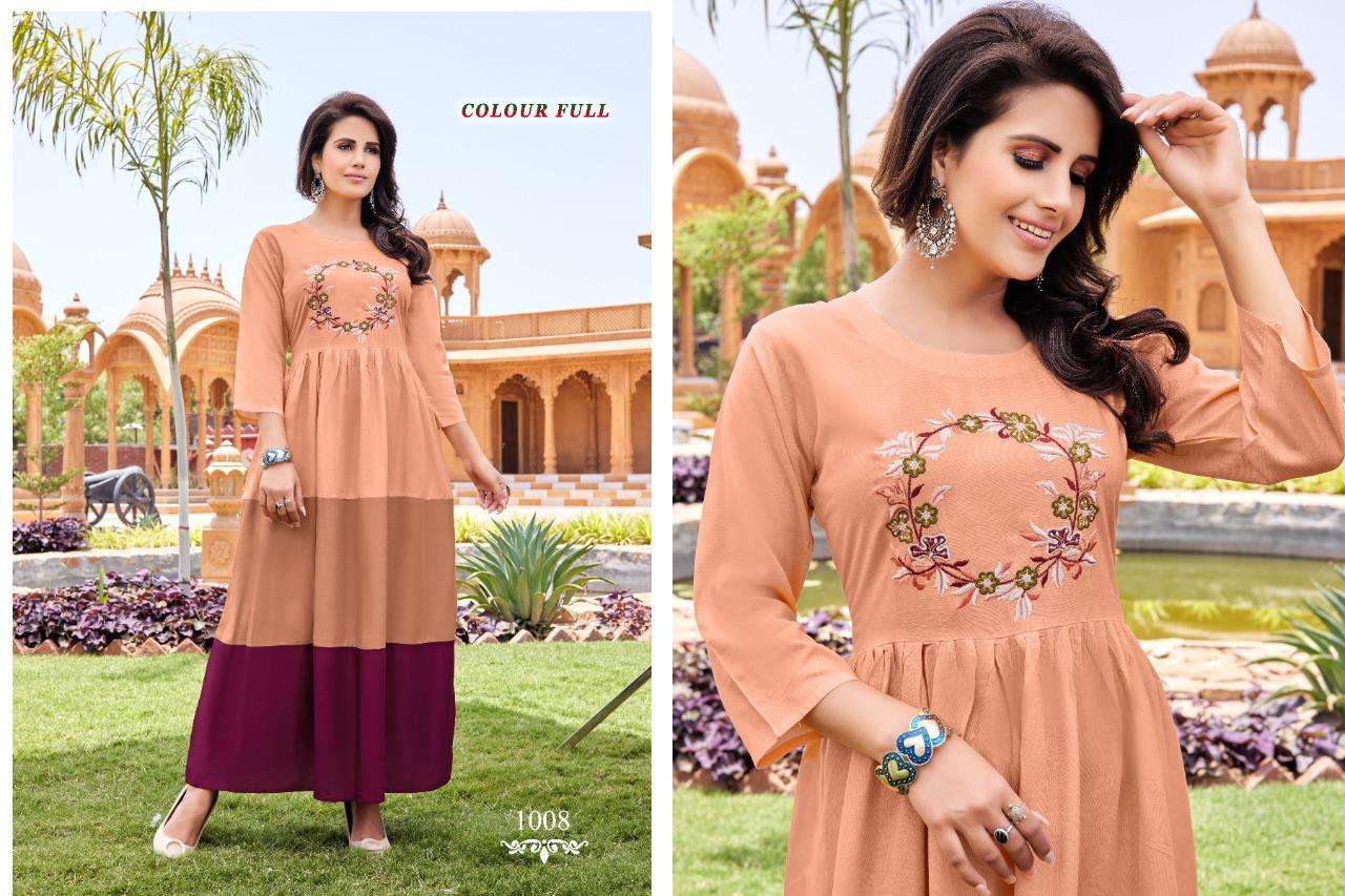 COLOUR FULL HEAVY RAYON 14 KG Fancy LONG KURTI WITH EMBROIDERY 🪡 WORK  WITH THREE LAYERS KURTI CATALOG WHOLESALER BEST RATE